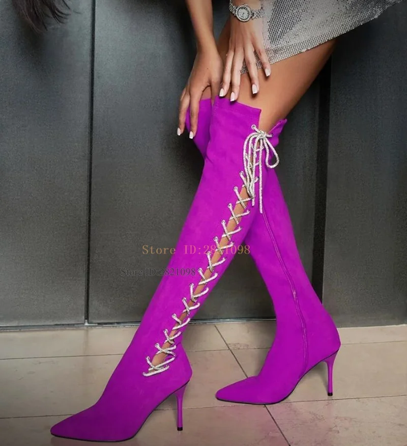 Фиолетовые замшевые кожаные сапоги до колена со шнуровкой на молнии и боковым