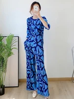 women pleated two piece sets loose printing o neck single breasted tops wide leg pants 2022 summer fashion comfortable fabrics