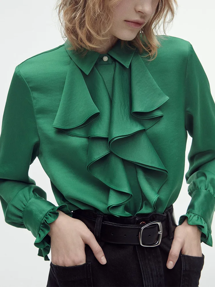 

Блузки рубашки женские 2023 на потайных пуговицах офисная женская рубашка с длинным рукавом топ спереди многослойная оборка винтажная элегантная атласная рубашка