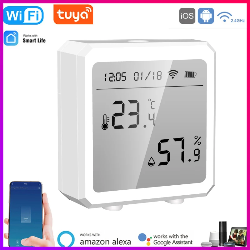 

Умный Wi-Fi датчик температуры и влажности Tuya, комнатный гигрометр, термометр с ЖК-дисплеем, поддержка Alexa Google Assistant