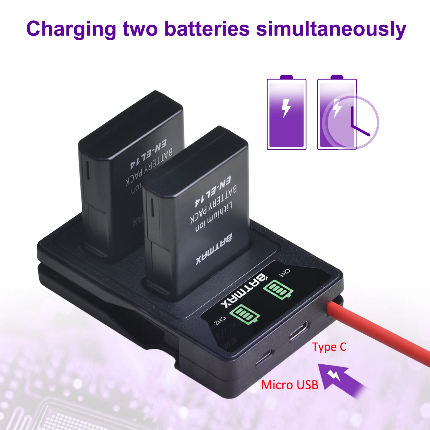 Batmax EN-EL14 EL14a Battery+LED Dual Charger with Type C Port for Nikon P7800,P7700,P7100,P7000,D5600,D5500,D5300,D5200,D5100