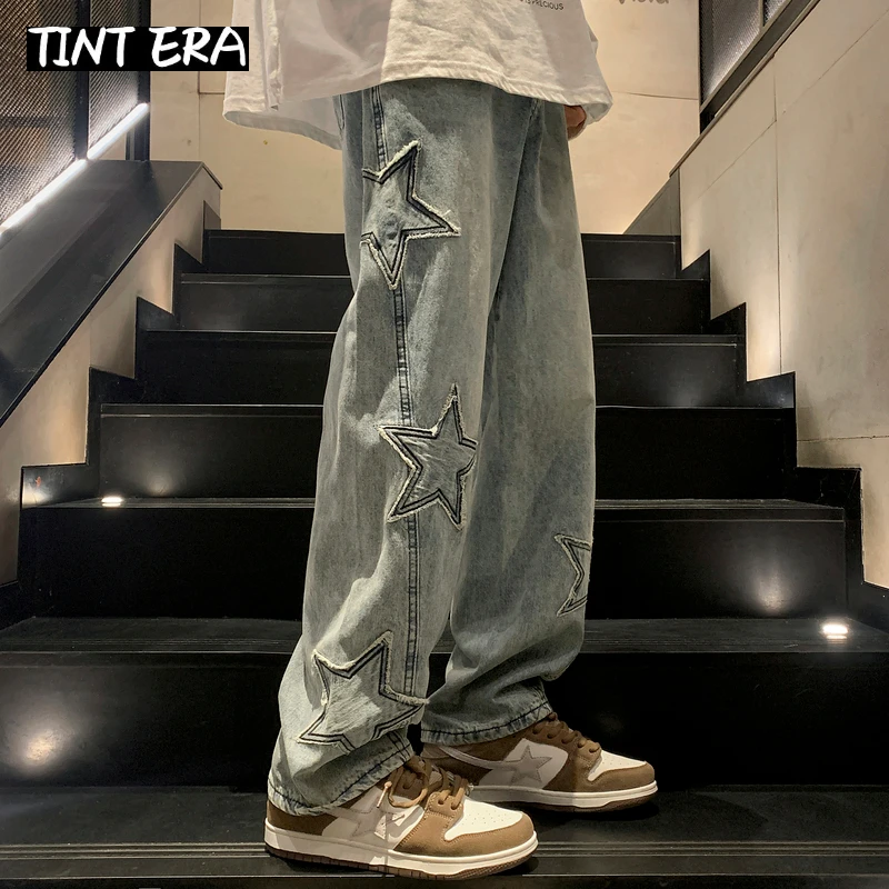 TINT ERA Star Embroidery Straight Casual Men Jeans Gothic New Wide Leg Loose Hip-hop Fashion Youth Streetwear Denim Trousers Y2K