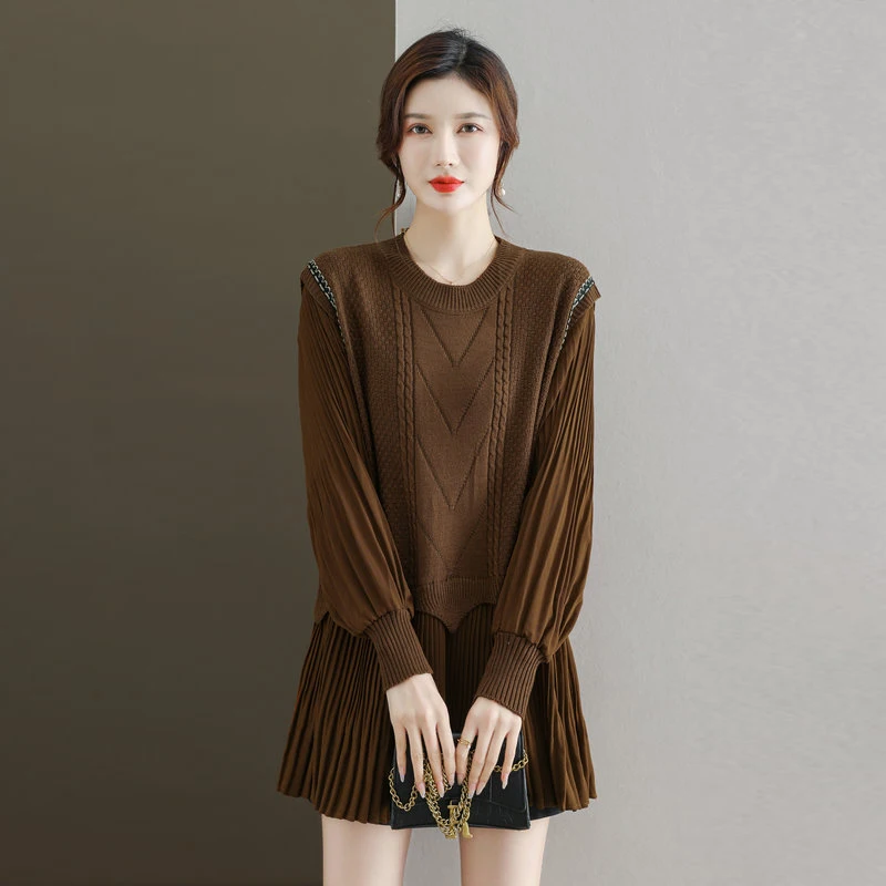 

Women Chic Classy Bulky Rib Knitted Pullover Brown Black Fake 2PCS Sweaters Pleated Chiffon Patchwork Knitwear Textured Jersey