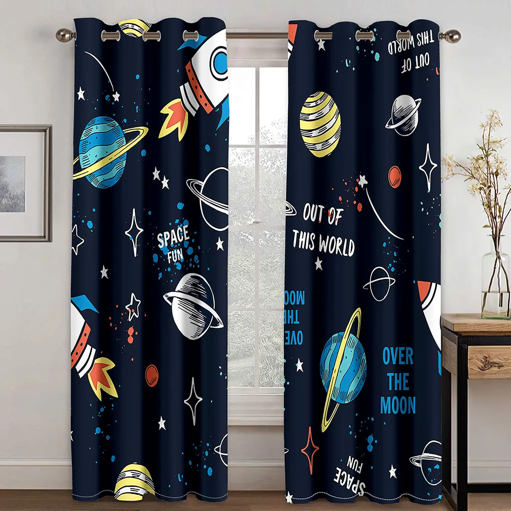 

Rocket Planet Star Astronauts Cartoon Childern Boy Cool Kids 2 Pieces Thin Drapes Window Curtain for Living Room Bedroom Decor