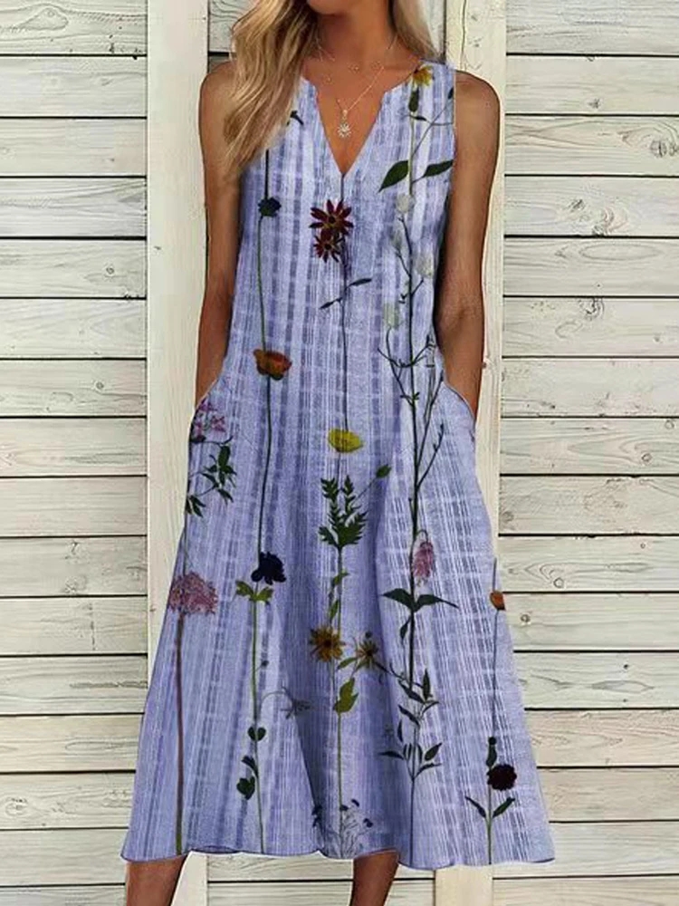 

Summer Fashion Ladies A-Line Midi Dress Elegant Women V-Neck Sleeveless Floral Pattern Dress Retro Womens Pocket Casual Dress
