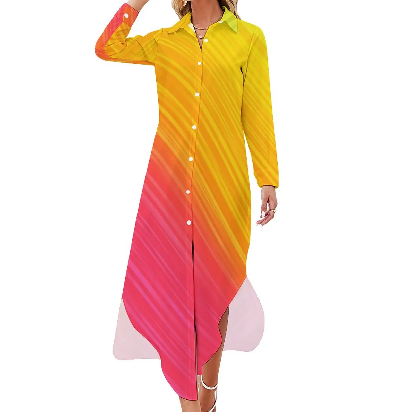 

Платье женское шифоновое в радужную полоску, повседневное пляжное с длинным рукавом и V-образным вырезом, с цветным принтом, с графическим принтом, большие размеры