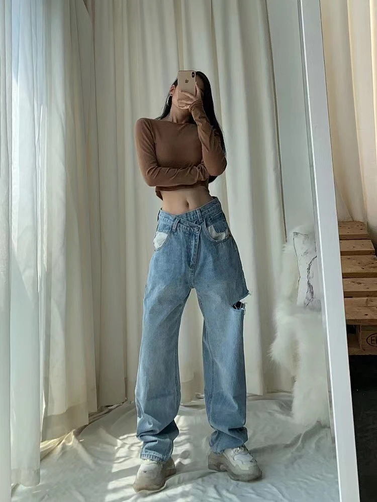 

ADAgirl Ripped Jeans for Women Irregular Hollow Out High Wasit Denim Trousers Ladies Korean Style Causal Straight Pants Hip Hop