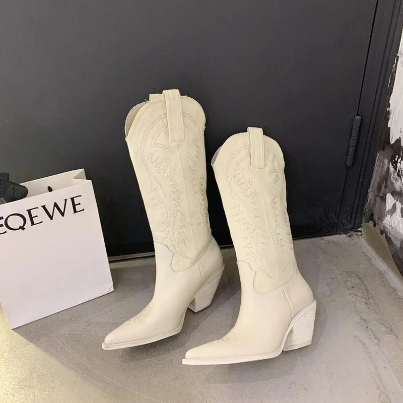 

2023 Fashion Embossed Microfiber Leather Women Boots Pointed Toe Western Cowboy Boots Women Knee-High Boots Wedges Botas De Muje