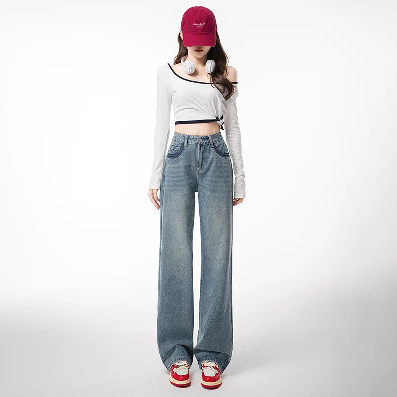 Female Korean Fashion Versatile High-Waist Wide-Leg Jeans Trouser Women'S Spring Autumn Summer New Loose And Slim Straight Pants