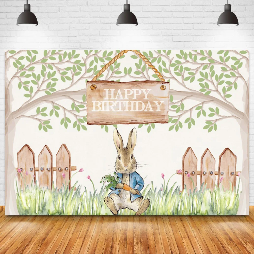 

Cute Bunny Happy Birthday Party Background Photo Grass Fence Baby Shower Photography Vinyl Backdrop Photocall Props