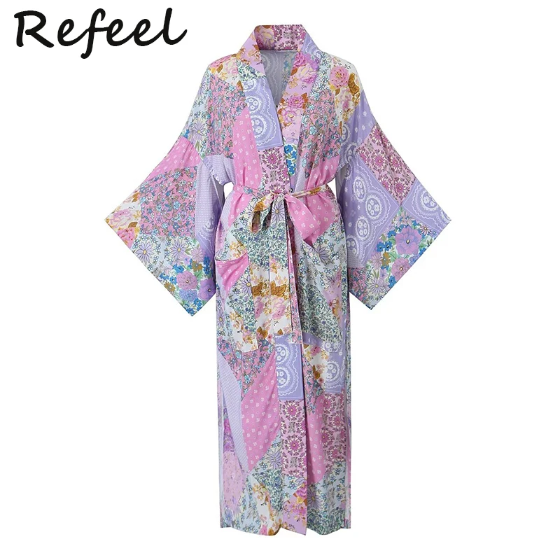 

Refeel Loose Kimono Long Dress Summer Floral Print Belt V-Neck Rayon Bohemian Lady Batwing Robe Beach Boho Cover-Ups
