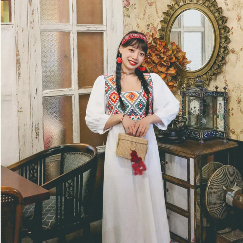 

Women Vintage Embroidery Cotton Linen Shirt Dress Boho Retro Holiday Dress Spring Autumn Midi-calf Dresses
