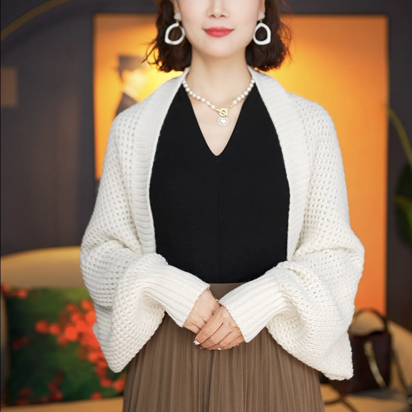 Женский укороченный свитер с длинным рукавом кардиган открытой передней частью