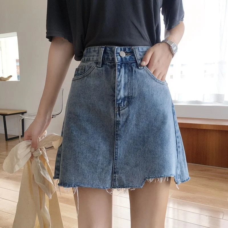 

Корейская версия шерстяной джинсовой юбки, Женская юбка с высокой талией на весну и лето, облегающая трапециевидная юбка