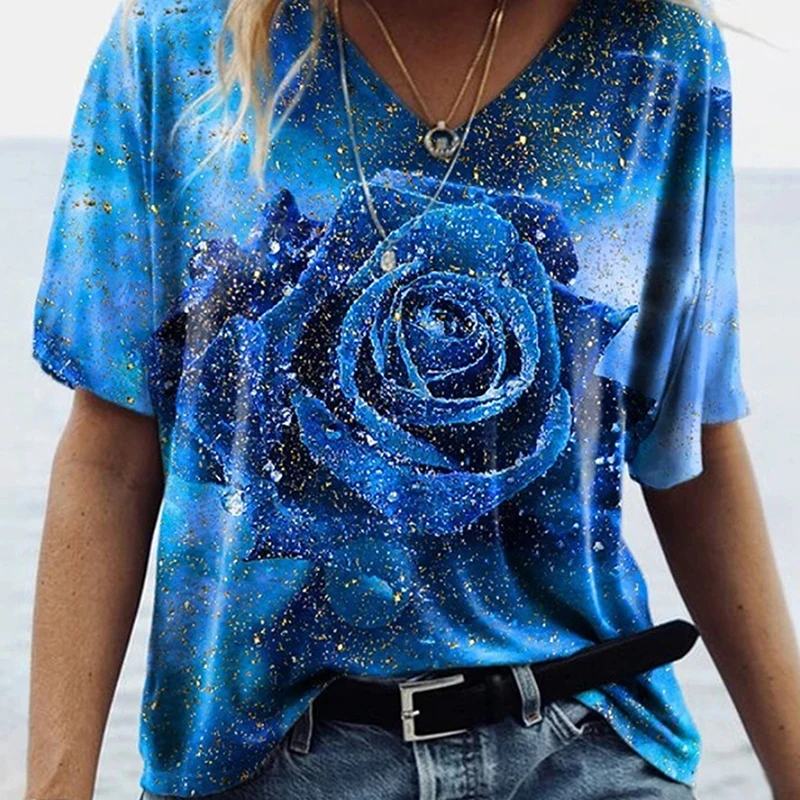 

Summer Women V Neck Floral Rose Printed Half Sleeve Shirt Top Casual Loose Pullover T Shirt Ladies Clothing Streetwear