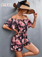movokaka summer holiday woman playsuits beach sexy off shoulder slim romper jumpsuit women short sleeve flowers printed playsuit