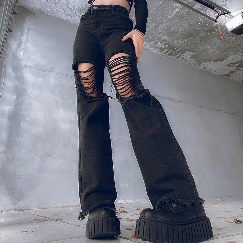 

Female Denim Pants Spring Fall Solid Color High Waist Holes Ripped Jeans Boot-cut Long Trousers Fashion Streetwear Clothes Women