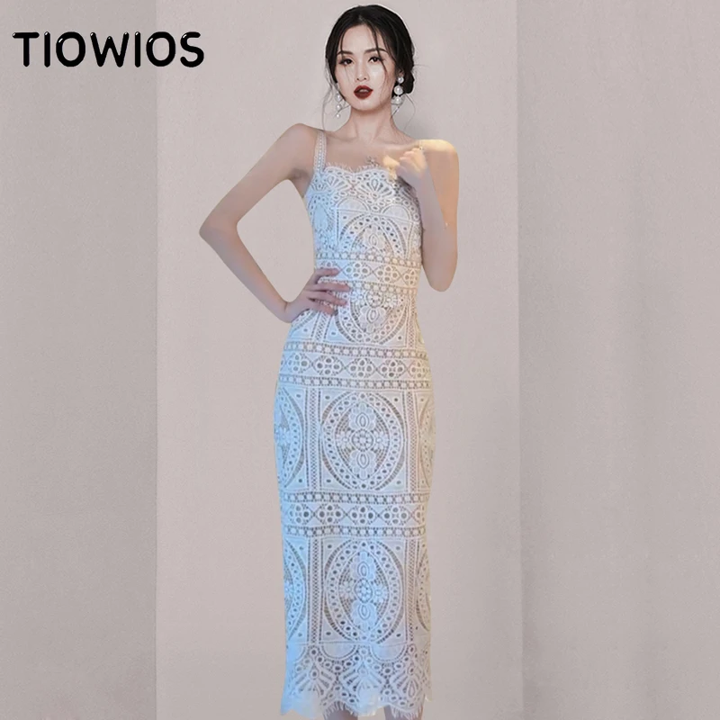 

Новинка лета 2022, Водорастворимая кружевная длинная юбка на бретельках, облегающее белое модное платье с ажурной талией