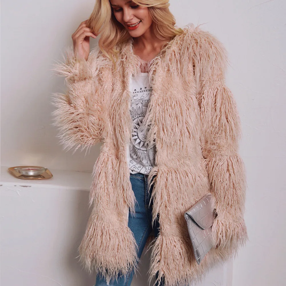 Women's Leather Fur Coat Imitation Fur Fashion Mid-Length Furry Coat Female Faux Fur Coat