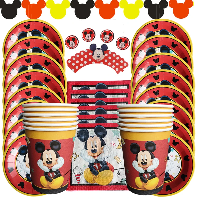

Disney Mickey Mouse Kids Birthday Party Decor Mickey Mouse Balloon Paper Cups Plate Baby Shower Disposable Tableware Supplies