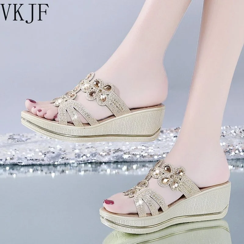 

2022 Women Sandals Summer Fashion High Heel Sandals Crystal Casual Ladies Shoes High Heels Rhinestone slippers