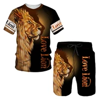 mens summer tracksuit 3d printed lion outfits 2 piece t shirtshorts sports suit casual jogging set oversized outdoor clothing