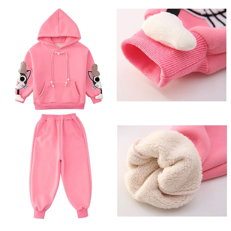 

Fleece Warm Girls' Hoodies Trousers Suit Autumn Winter Cat Printed Children's Sweater Jumper Casual Big Kids Sports Clothes Set