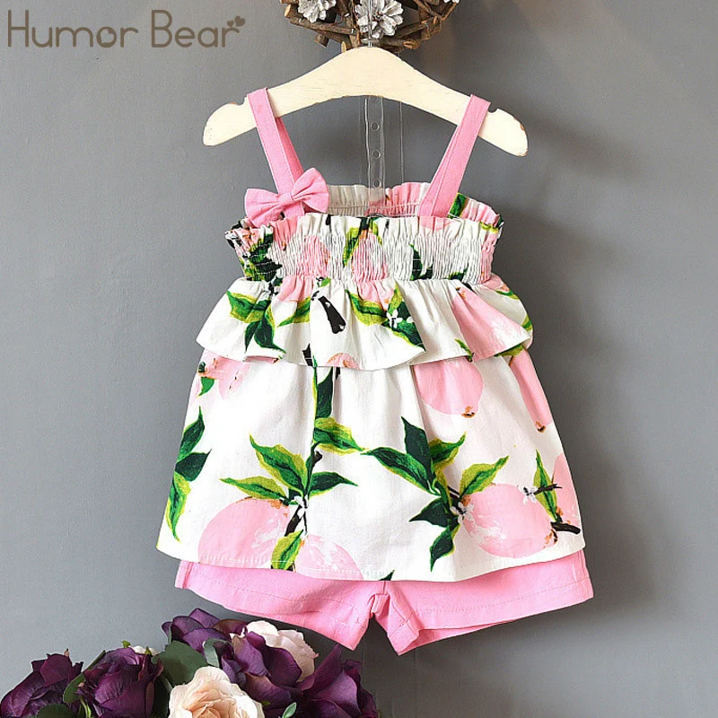 

Костюм Humor Bear для маленьких девочек на лето 2022, детское платье принцессы, однотонные шорты с цветочным принтом и бантом на подтяжках, Детский...