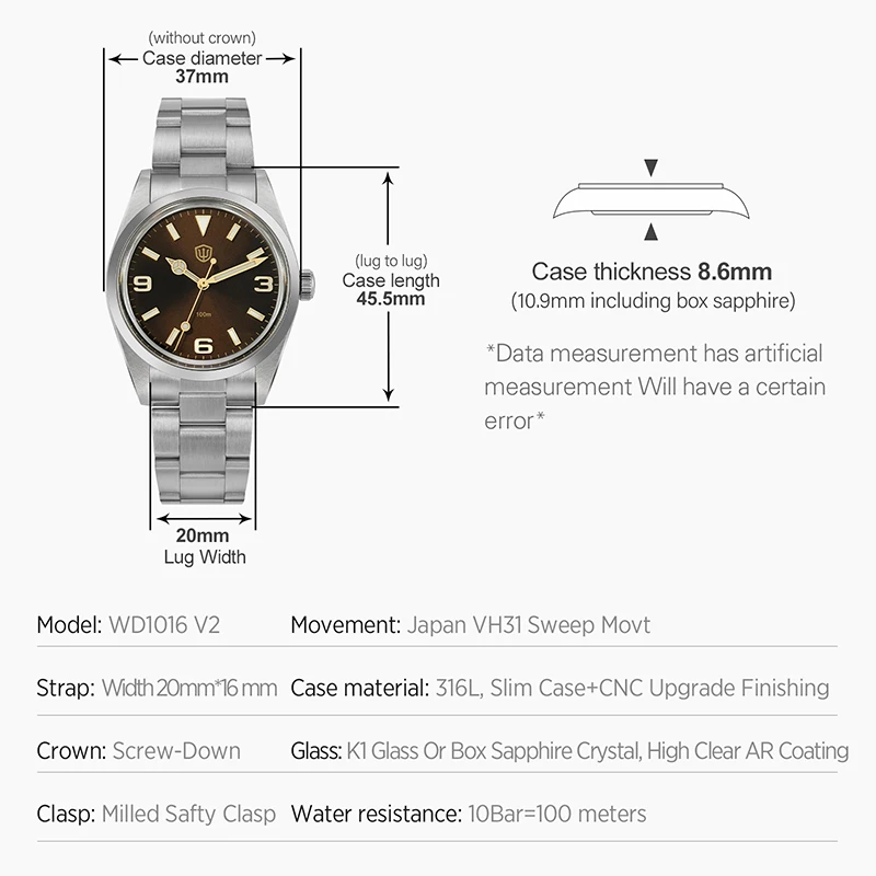 Фото Часы Watchdives WD1016 V2 VH31 Кварцевый механизм 100 м Водонепроницаемый тонкий корпус из нержавеющей стали BGW9 Светящиеся винтажные часы 37 мм №5