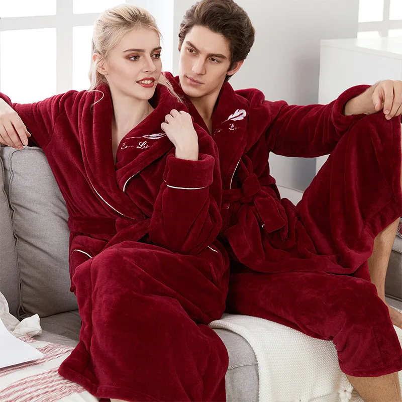 Thick Warm Couple Bathrobe Fleece Winter Long Sleeve Women's Dressing Gown Solid Fleece Fluffy Pockets Kimono With Sashes Female