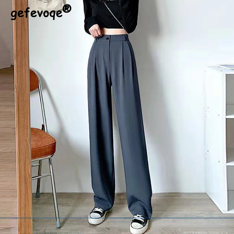 Autumn Spring Women's Wide Leg Pants Loose High Waist Casual Suit Trousers Female Korean Solid Office Straight Pants Streetwear