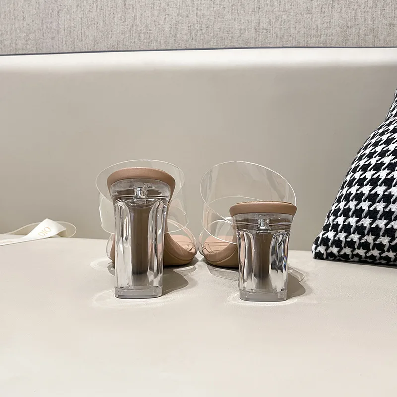 Summer Transparent PVC Sandals Women Clear High Heels Sexy Fashion Chunky Heel Crystal Heeled Shoes Outside Wear Slippers Luxury