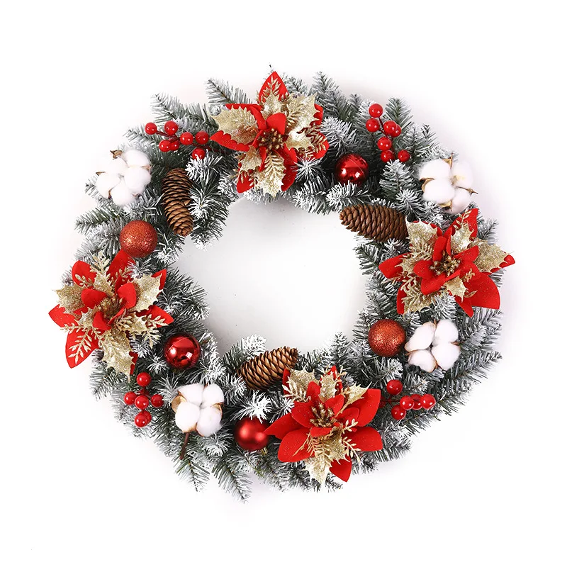 

40cm Red Gold Christmas Wreath with Artificial Berries Pine Cones Ball Xmas Rattan Hanging Garland for Window Indoor Outdoor
