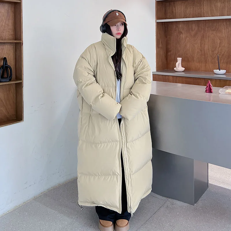 2022 New Long Down Jacket Women Stand Collar Korean Fashion Design Super Long Ankle Length Loose White Duck Down Winter Overcoat