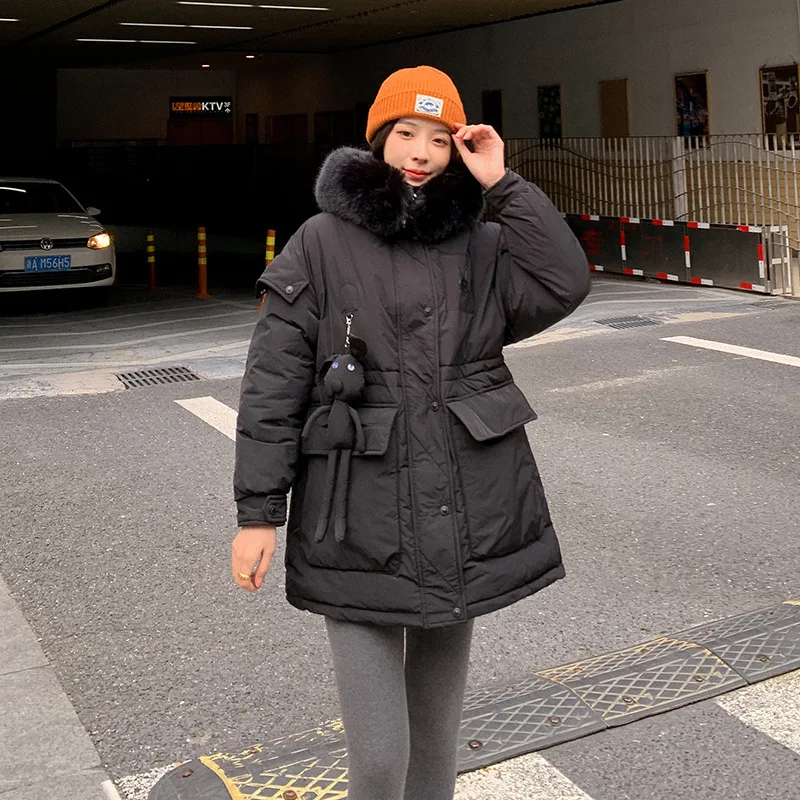 

New 2022 Winter Women Hooded Parka Down Jacket Design Sense Large Pocket Plus Velvet Warm Large Fur Collar Solid Color Coats