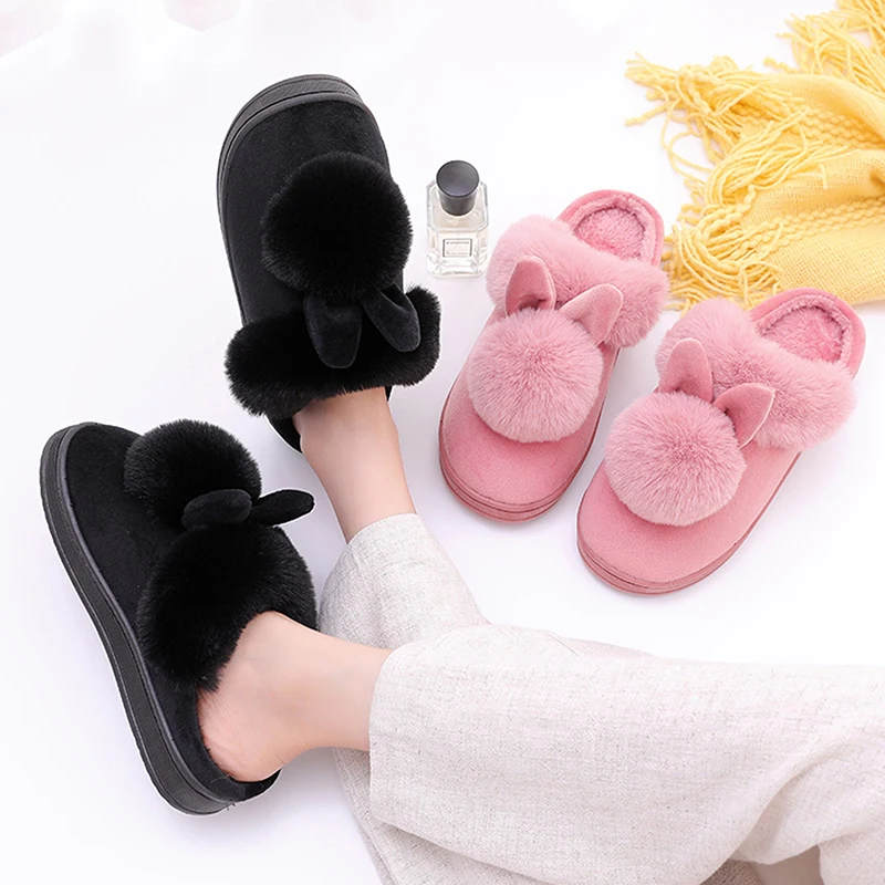 

Cartoon Women Home Slippers Rabbit Ears Slip On Soft Soled Winter Warm House Shoes Women Indoor Outdoor Fur Slippers Footwear