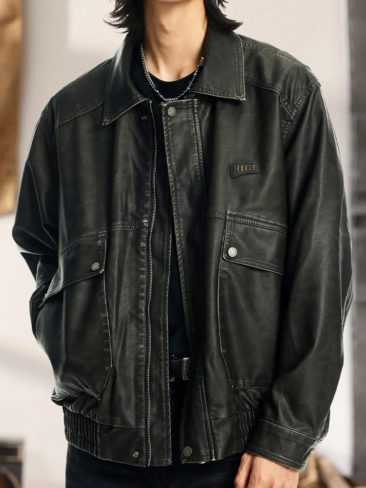 Модная черная повседневная кожаная куртка мужская осенняя устойчивая к пятнам