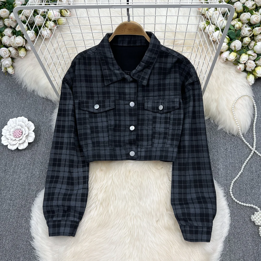 

2022 New Spring Autumn Women Loose Short Denim Coat High Quality Retro Plaids Denim Jacket