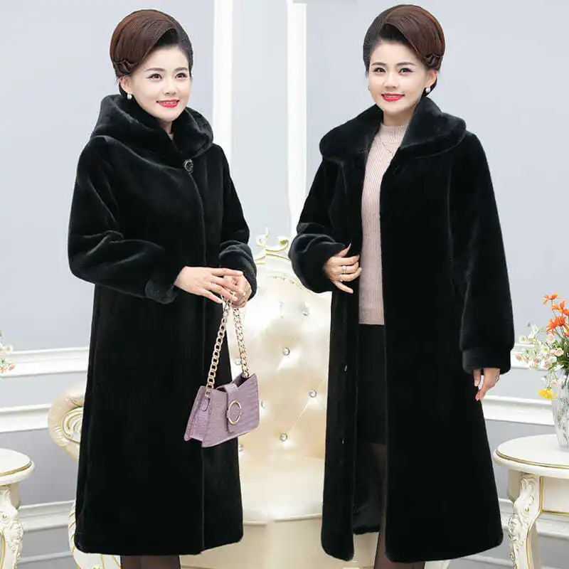 Women's Plus Size Mink Coat Whole Mink Mid-Length Loose Mink Faux Fur Coat Winter Warm  Woman Jacket  Long Faux Fur Coat