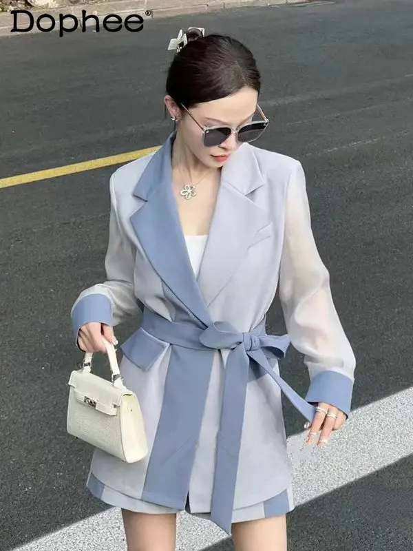 

2023 Early Autumn Shorts Sets Women Street Suit Backless Design Color Contrast Patchwork Thin Blazer + Short Two-Piece Set