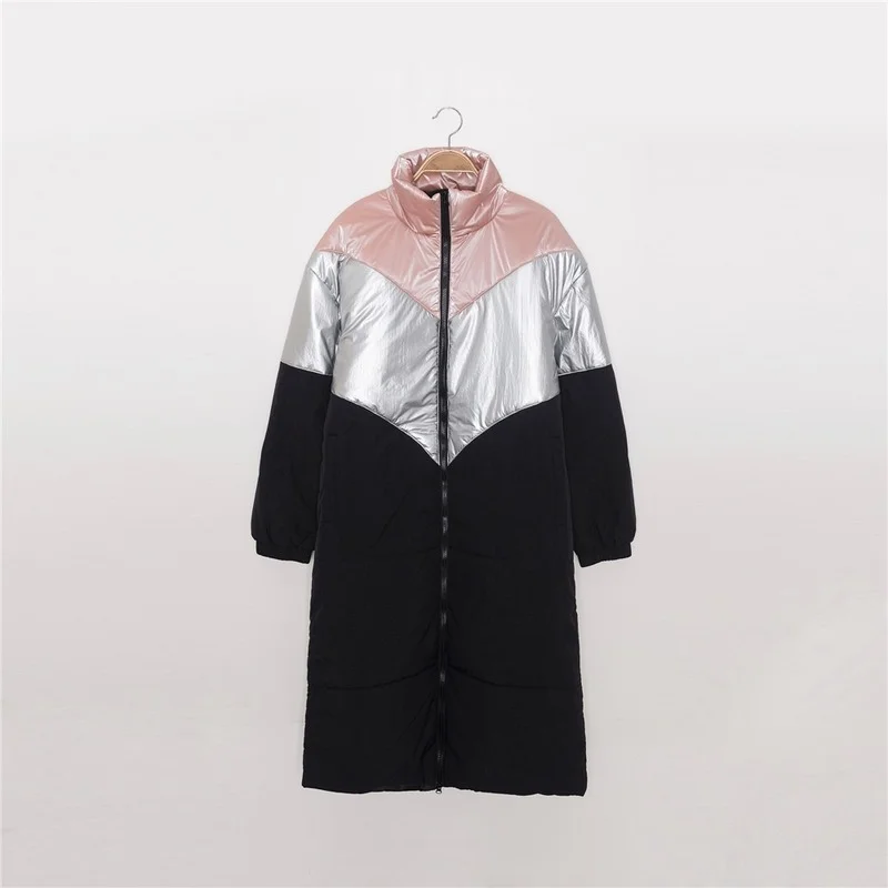 Autumn Winter Zipper Color Patchwork Fashion Thickening Jackets Women Turtleneck Mid-length Coats Loose Casual Female Overcoat