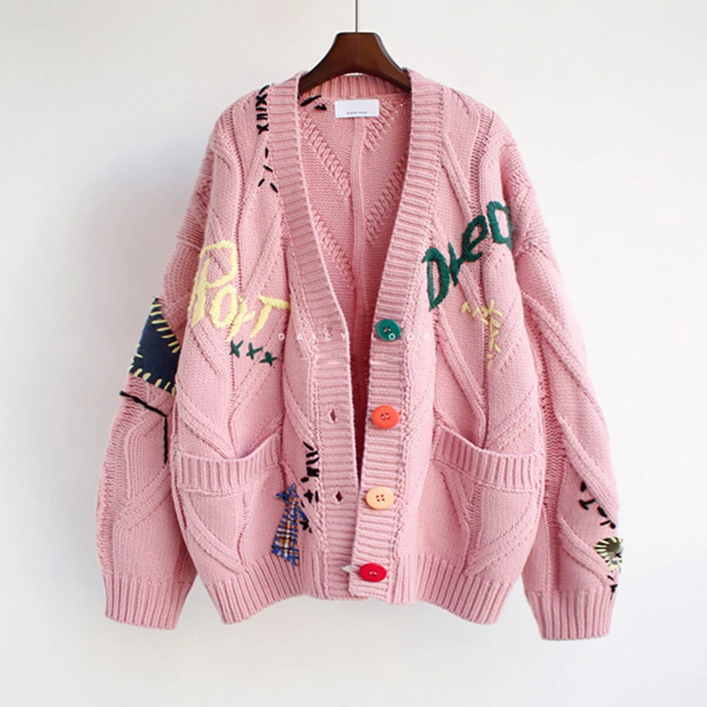 

2023 Autumn Winter Women Cardigan Warm Knitted Sweater Jacket Pocket Embroidery Fashion Knit Cardigans Coat Lady Loose Sweaters