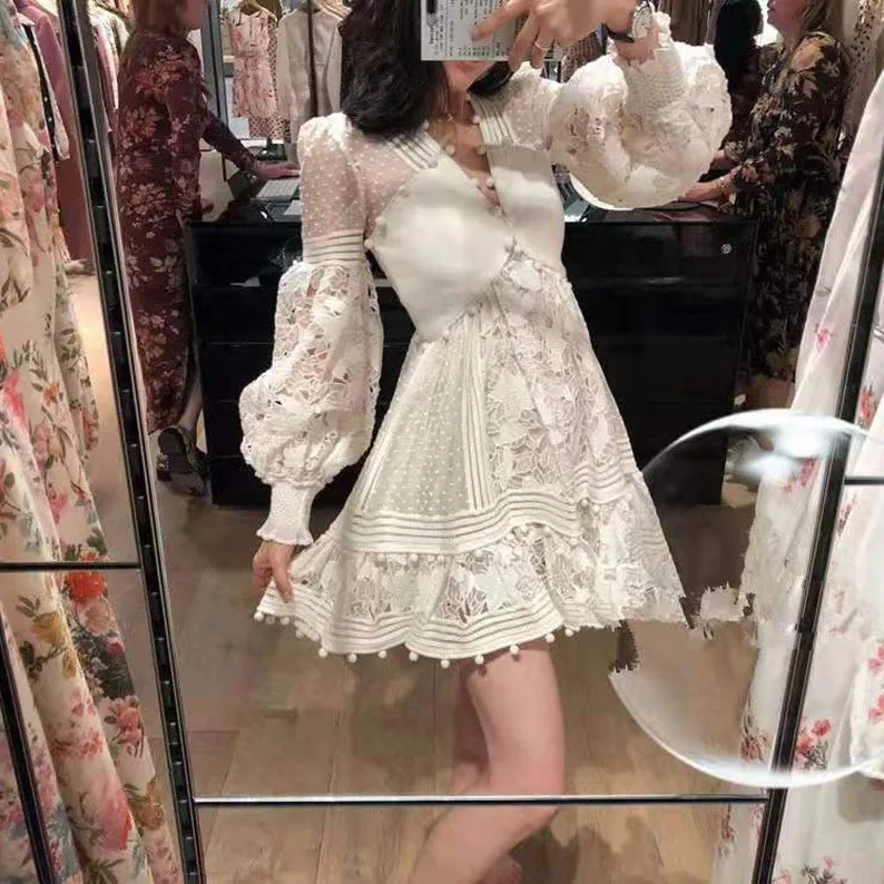 

Autumn and Winter 2022 Beauty Women's Long Sleeve V-Neck Hollow Lace Dress Midskirt