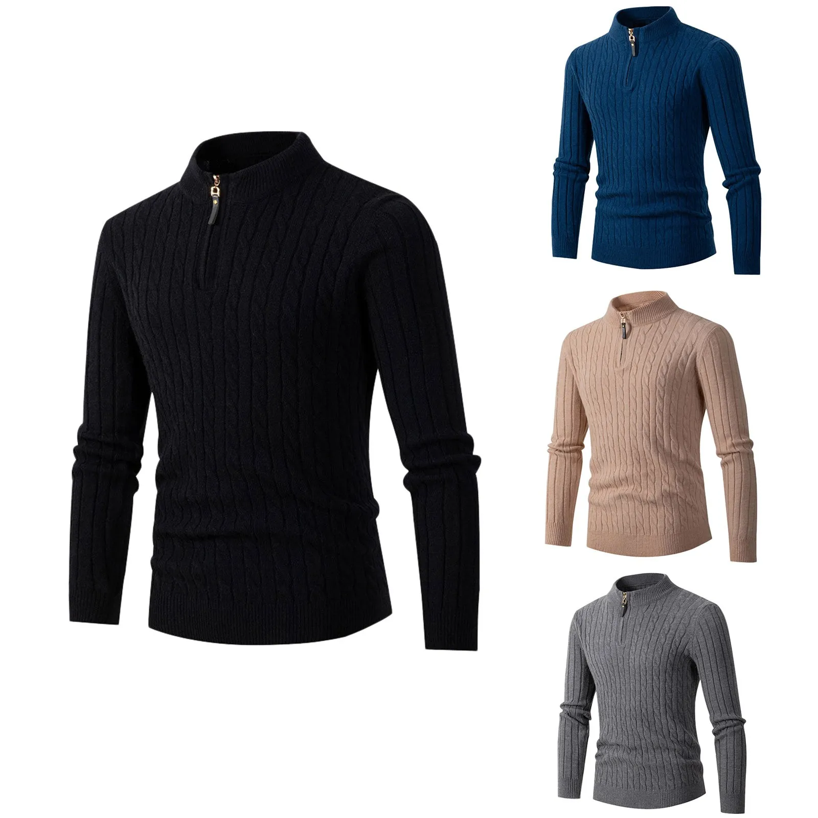 

Autumn Winter Knitted Sweaters Solid Color Sweater Autumn Winter Pullover Long Sleeve Men's Sweater Zipper Sueteres Hombre 2023