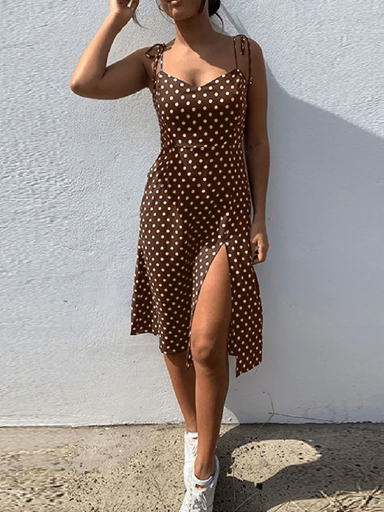 

Dresses 2022 Sundress Summer Women Causal Polka Dot Sleeveless High Pleated elastic waist V-Neck Beach Dress Vestidos De Verano