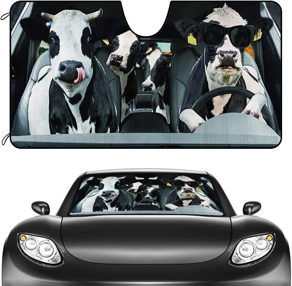 

CafeTime Car Front Windshield Sunshade Milk Cow Family Decor Vehicle Sun Shade Visor UV Ray Reflector Sun Protector, Keep Vehicl