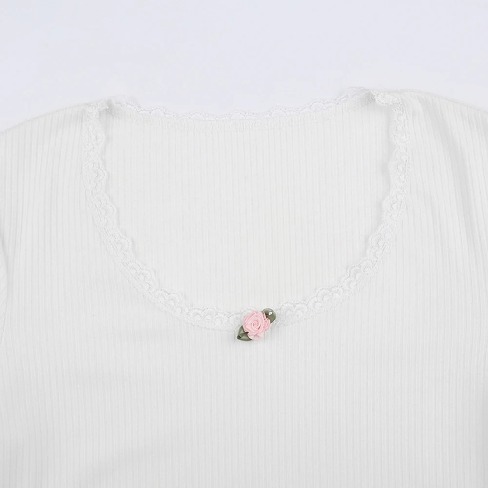 

Floral Lace White Knit O-Neck Basic Casual T-Shirt Women Elegant Vintage Tops