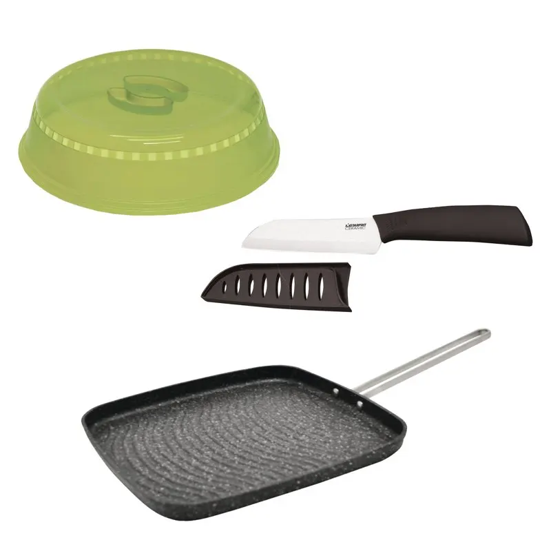 

By 10" Grill Pan, 5" Ceramic Santoku Knife, & Microwave Food Cover Kitchen Accessories