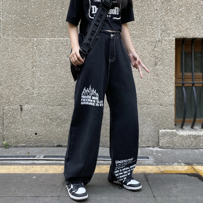 

Korean Women Fire Letter Print Denim Pants Black Japanese Female Harajuku Straight Long Jeans Mujer Empire Street Full Trousers