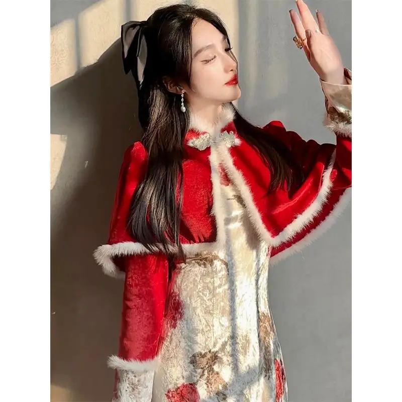 Стиль Тан Qipao женское цветное лоскутное платье на плечах для молодых девушек